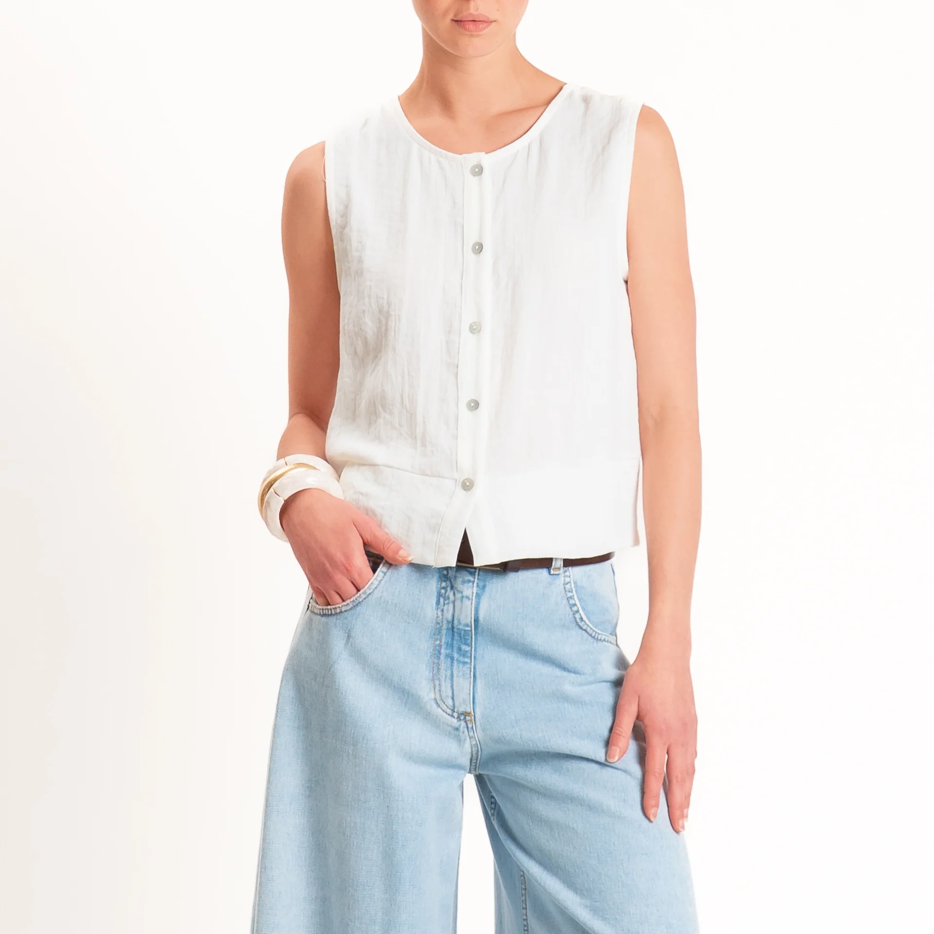 Zeroassoluto-Camicia smanicata CLAMY viscosa jacquard - bianco - Image 2