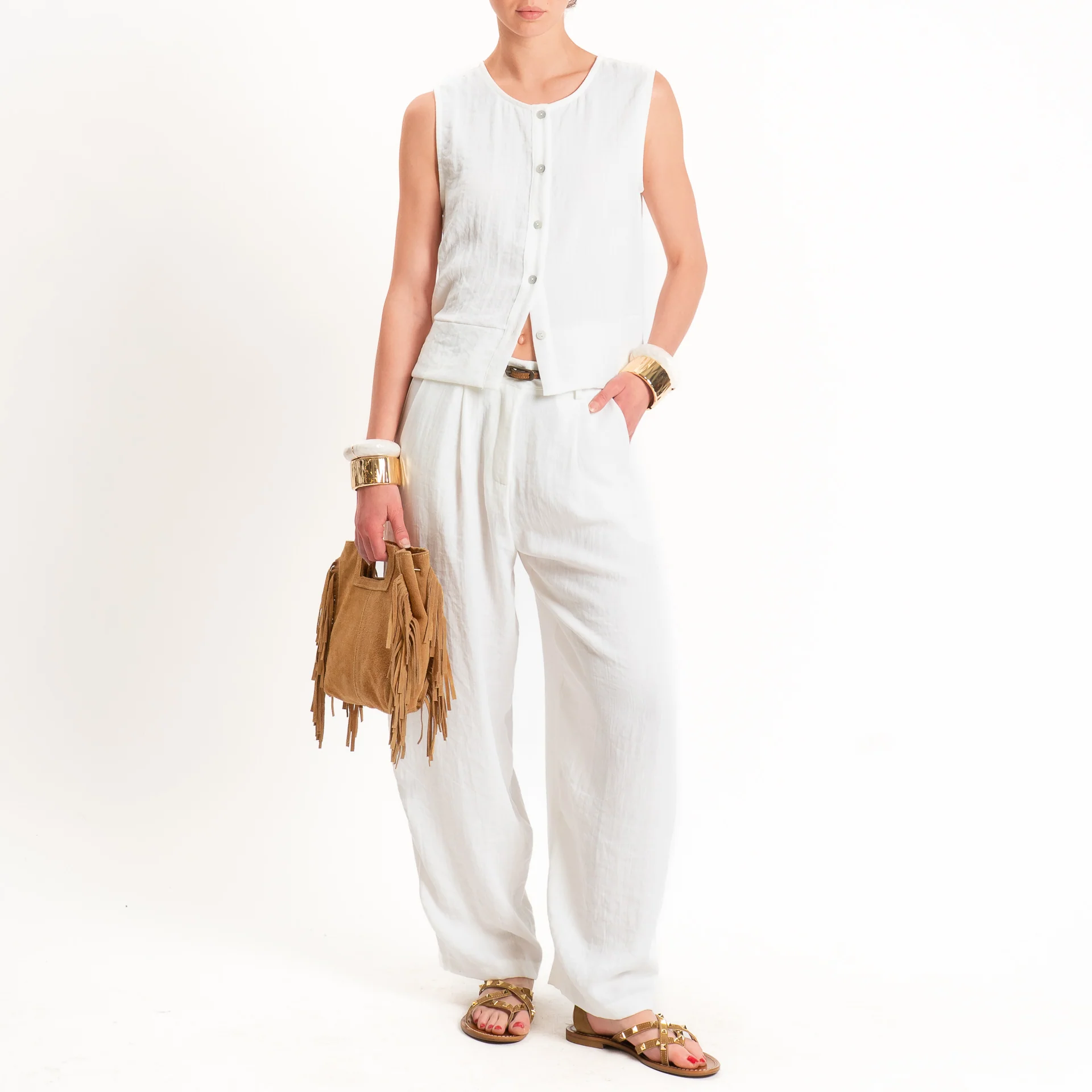 Zeroassoluto-Camicia smanicata CLAMY viscosa jacquard - bianco - Image 5