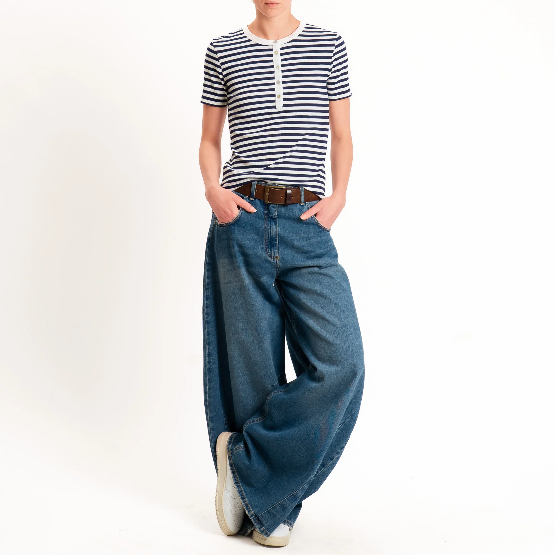 Tensione in-T-shirt righe serafino a costine - panna/blu - Image 2
