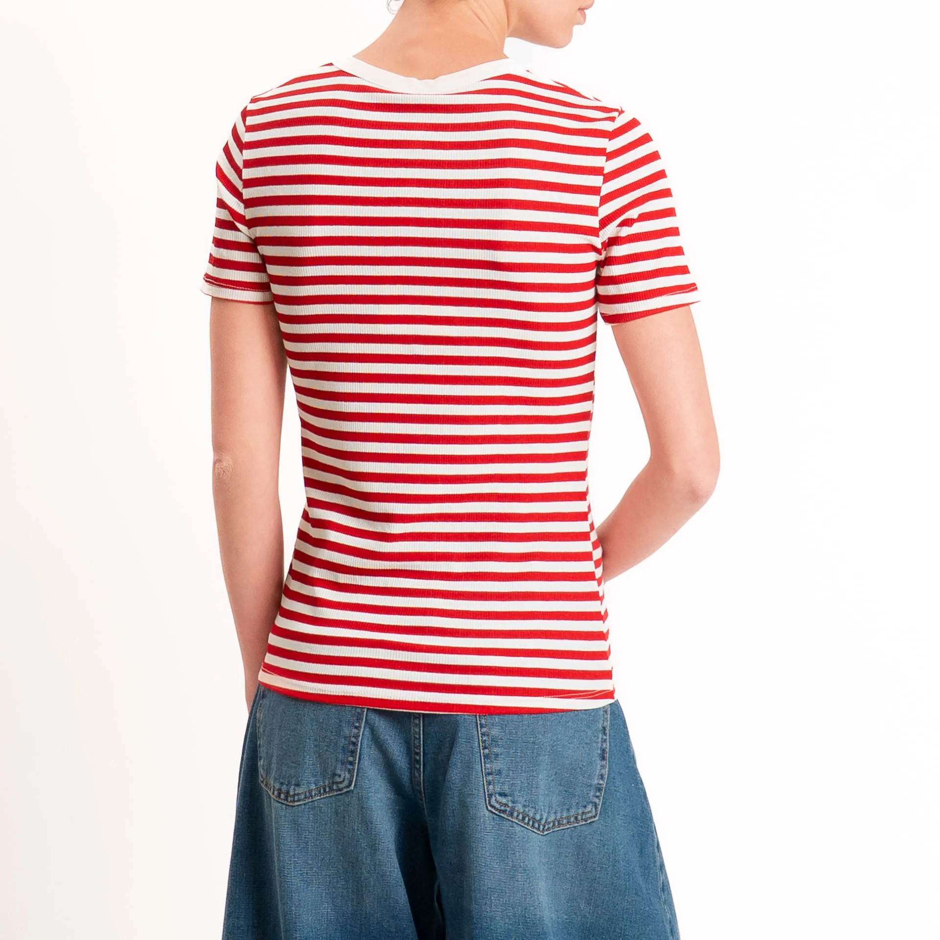 Tensione in-T-shirt righe serafino a costine - panna/rosso - Image 3