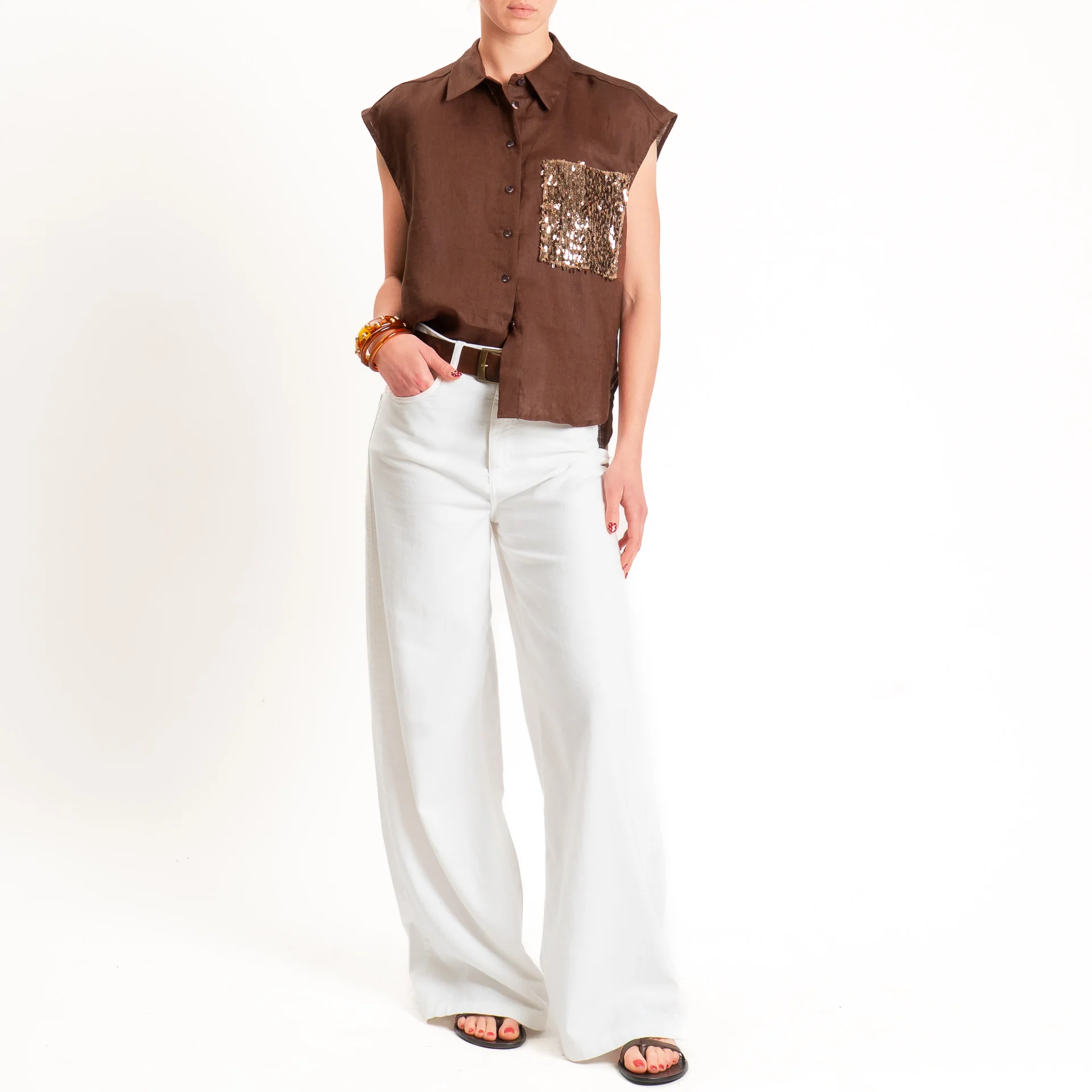 Tensione in-Camicia 100% lino smanicata tasca pailettes - choco/bronzo