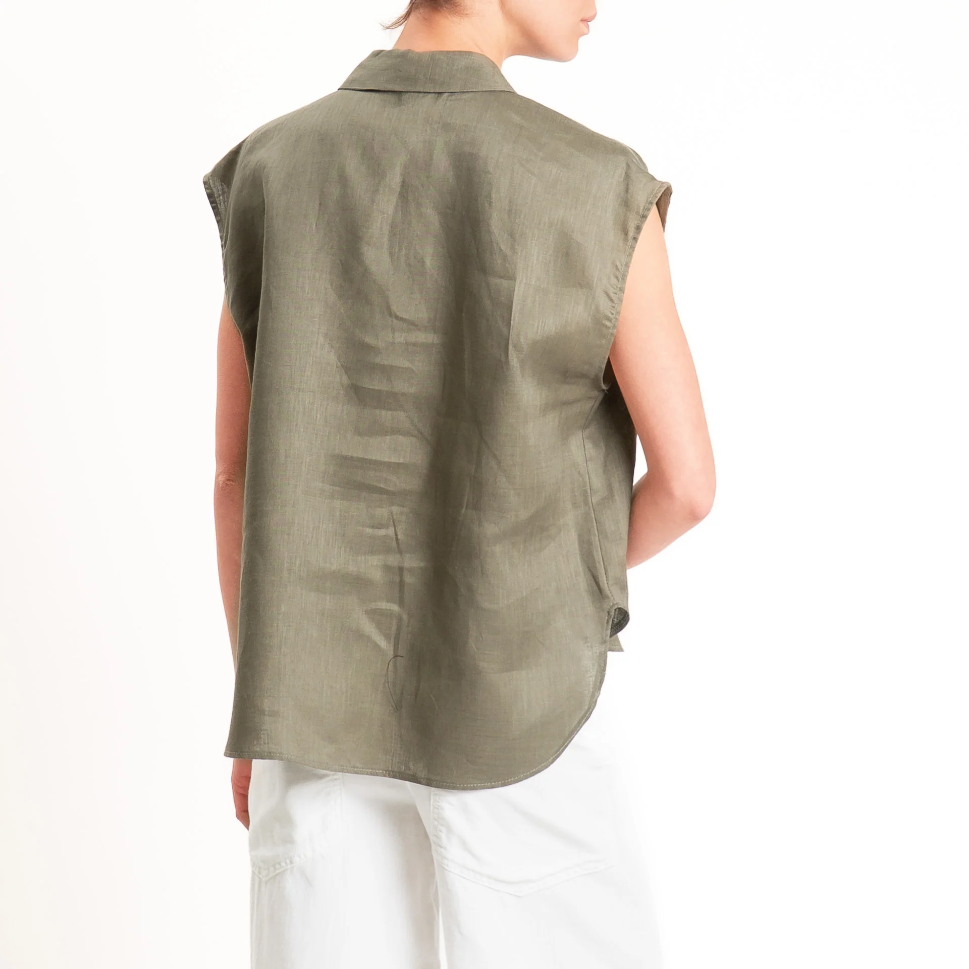 Tensione in-Camicia 100% lino smanicata tasca pailettes - militare/oro - Image 3