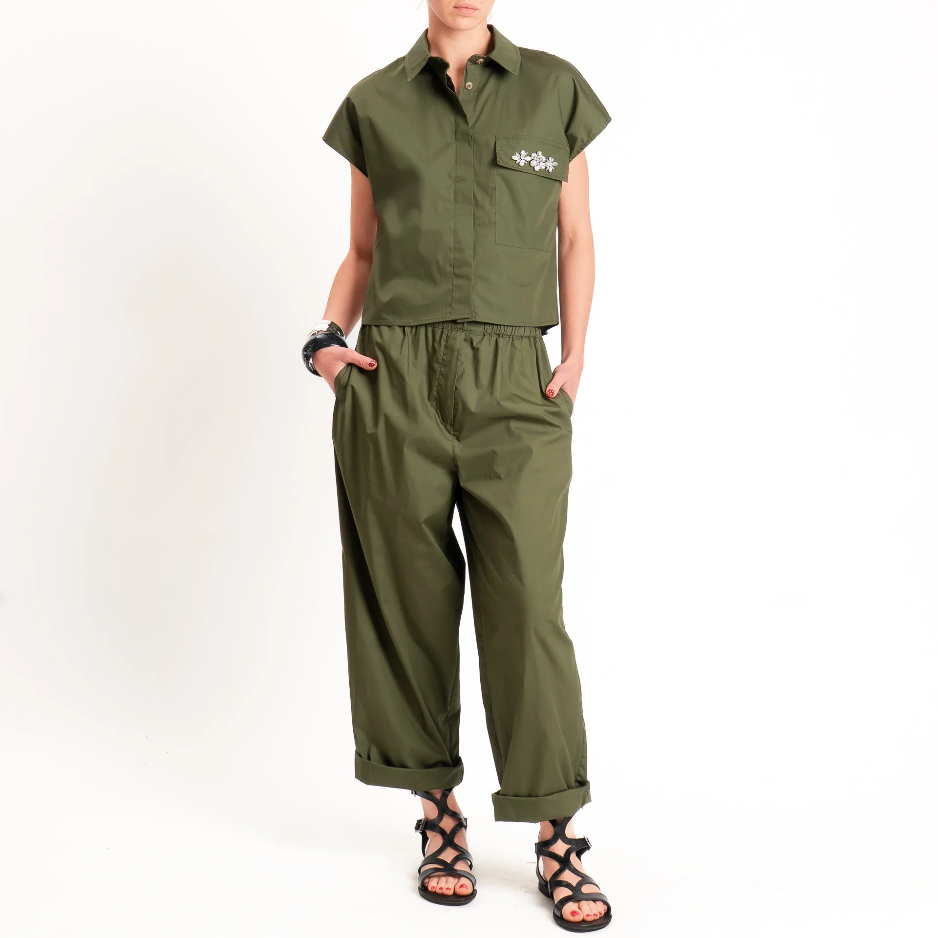 Tensione in-Camicia smanicata popeline con dettaglio strass - militare - Image 3