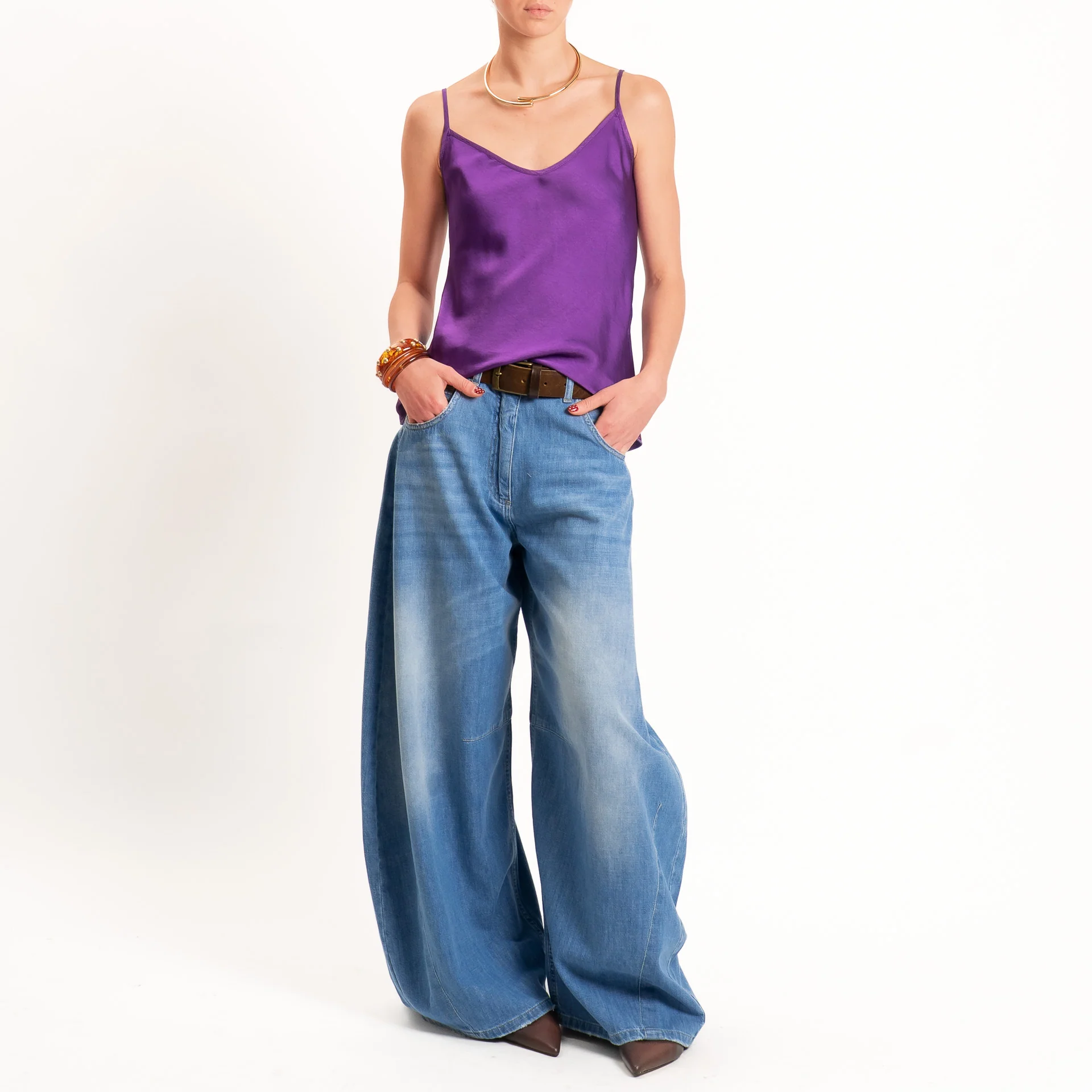 Tensione in-Top satin doppio scollo v - viola