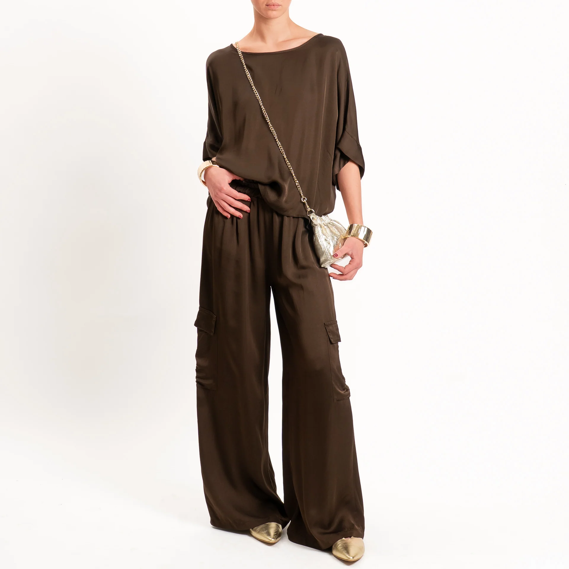 Tensione in-Pantalone cargo satin elastico in vita - caffe'