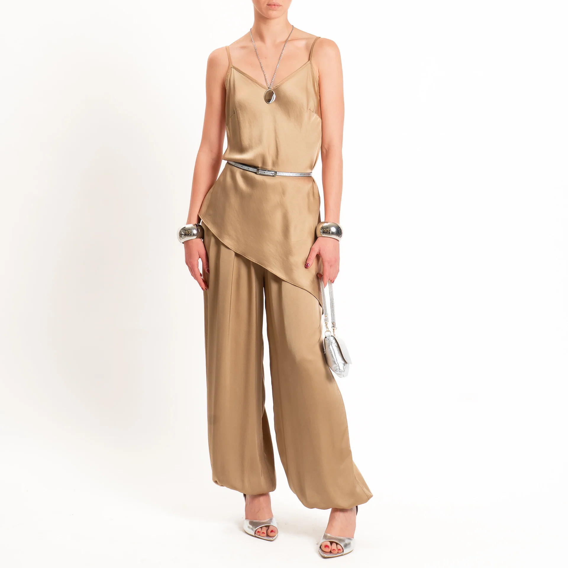 Tensione in-Pantalone balloon in satin elastico in vita - desert