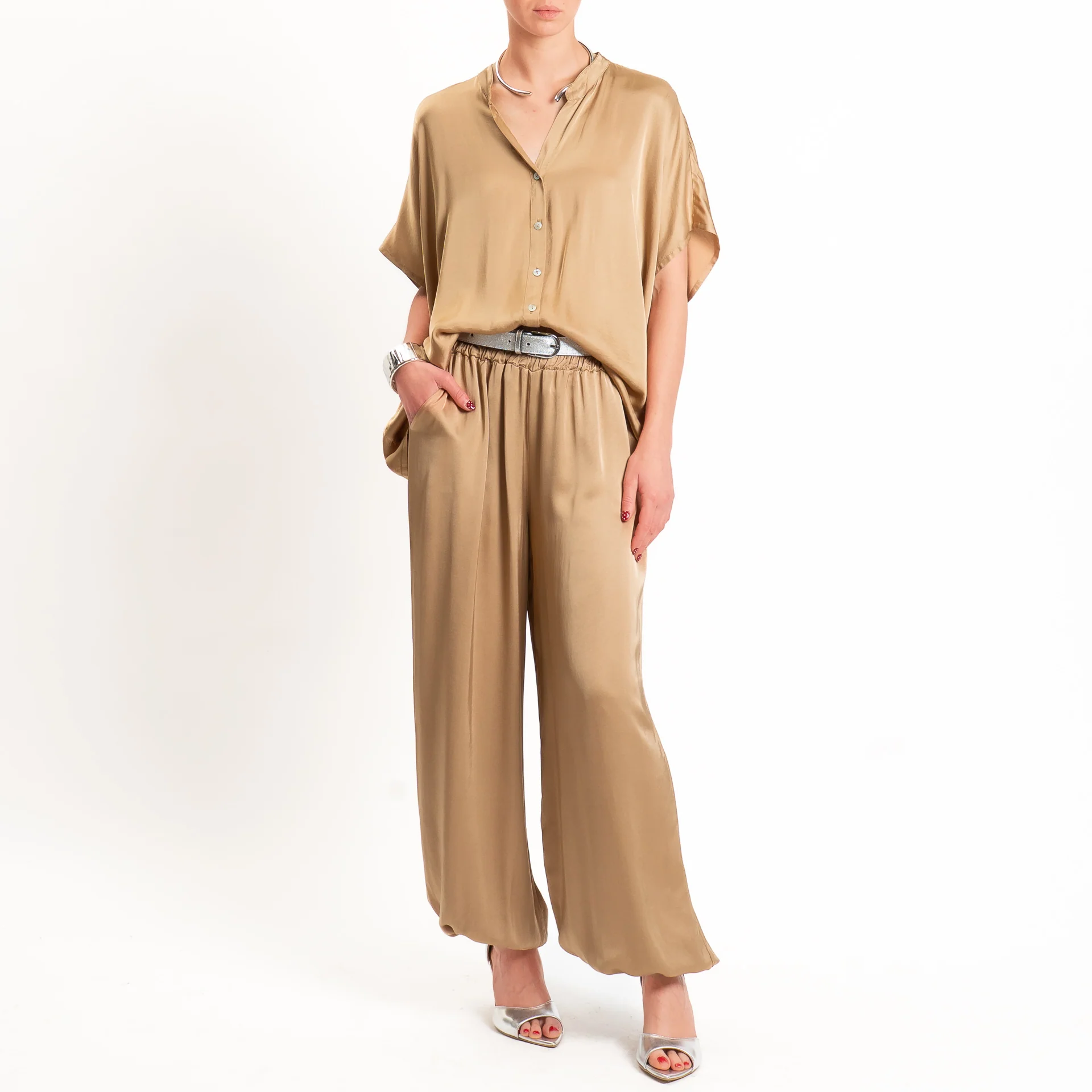 Tensione in-Pantalone balloon in satin elastico in vita - desert - Image 3