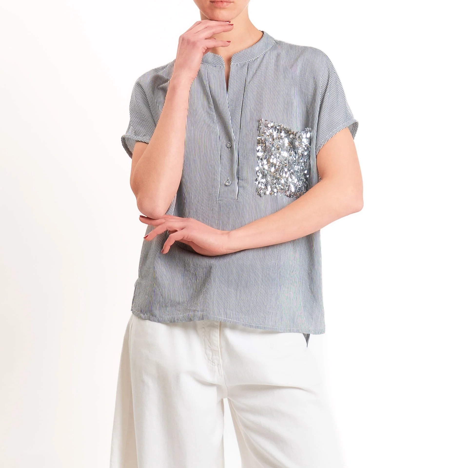 Tensione in-Camicia a righe taschino paillettes - nero/bianco/argento - Image 2