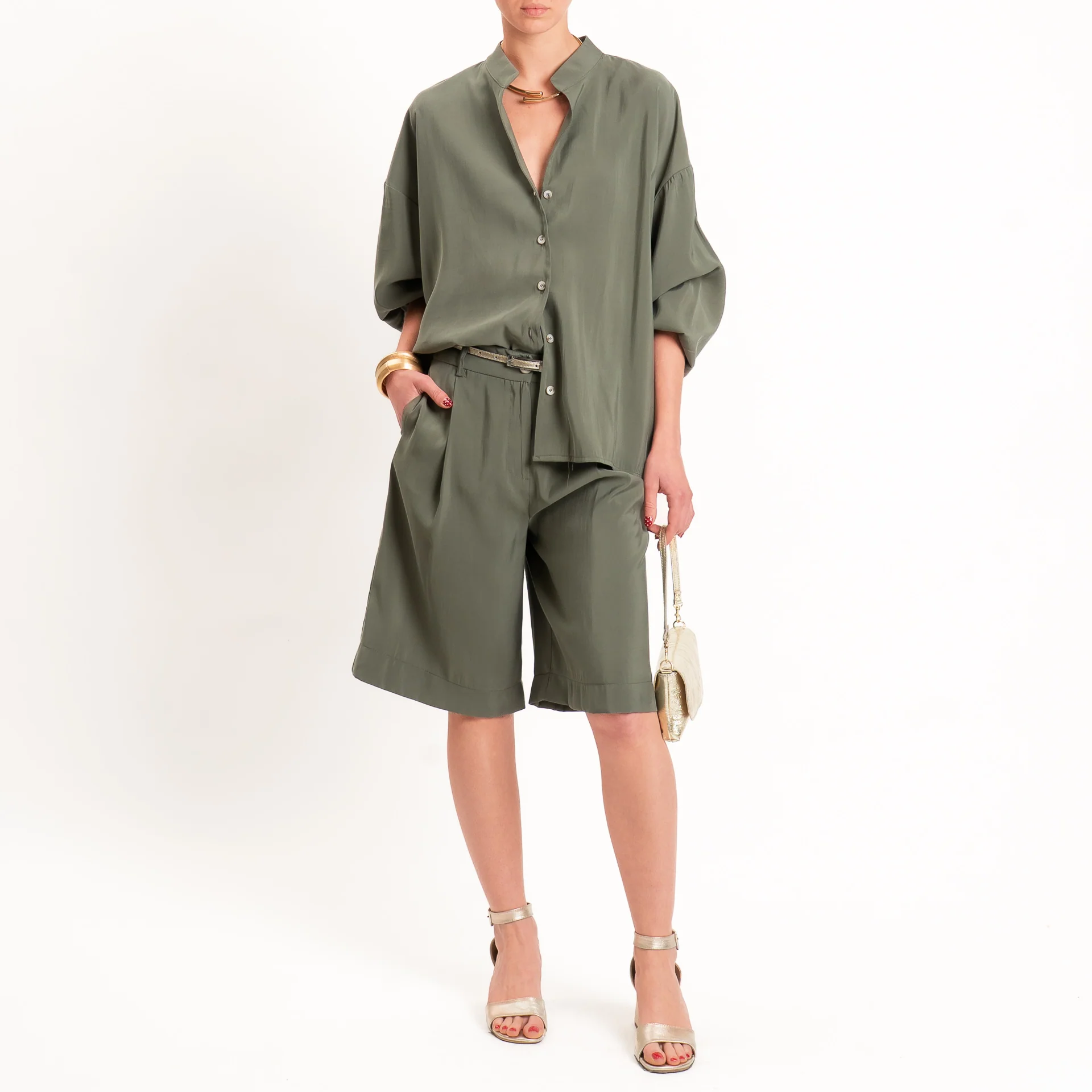 Tensione in-Camicia tessuto cupro collo coreana - militare