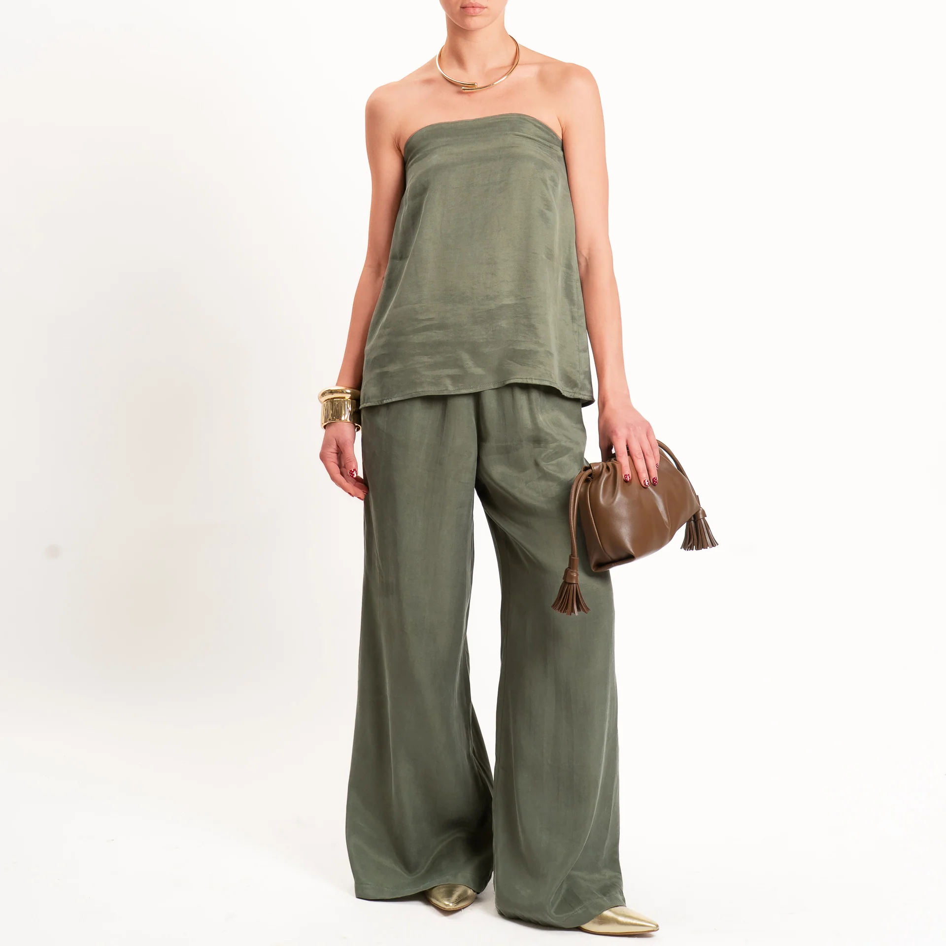 Tensione in-Completo top + pantalone tessuto cupro - militare