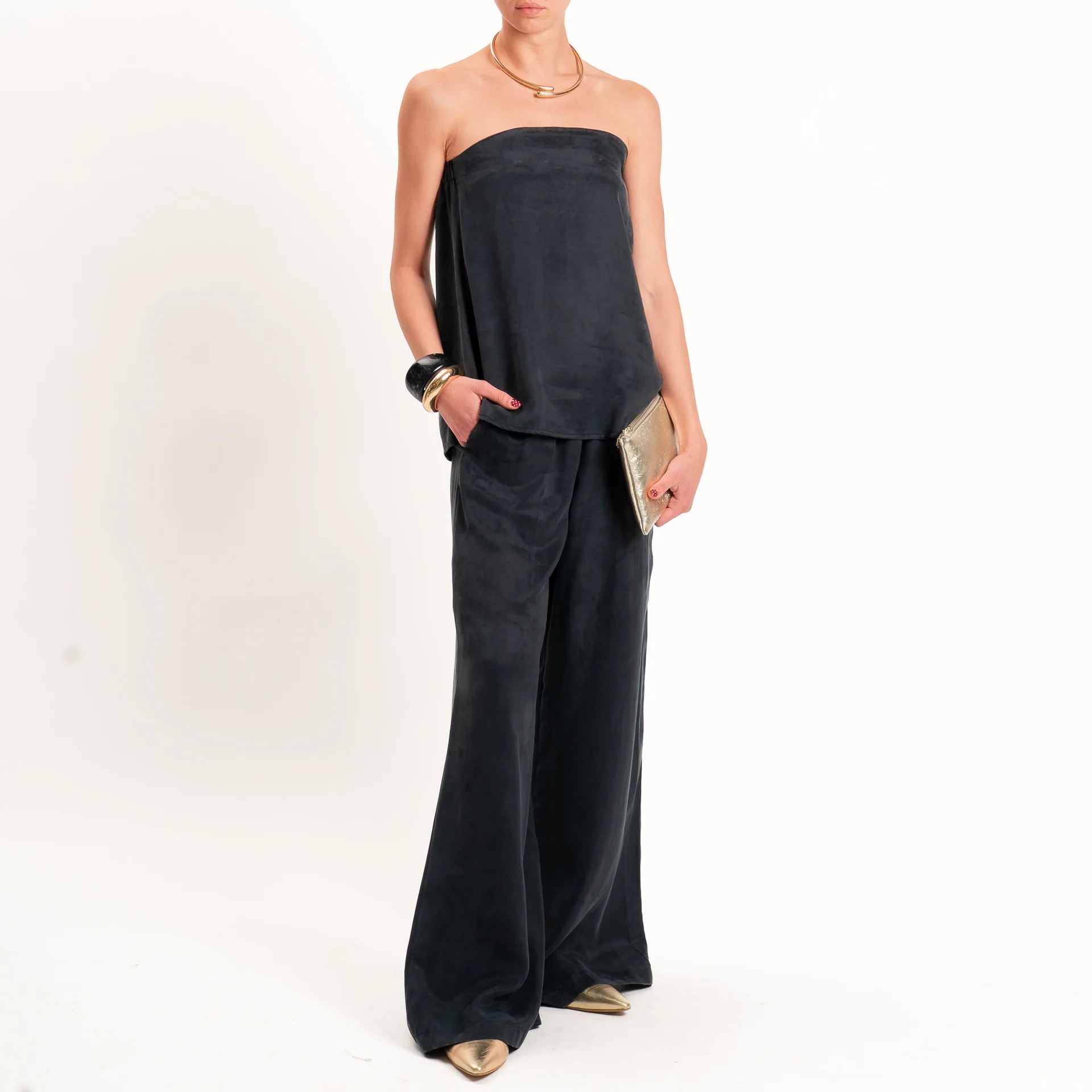 Tensione in-Completo top + pantalone tessuto cupro - nero