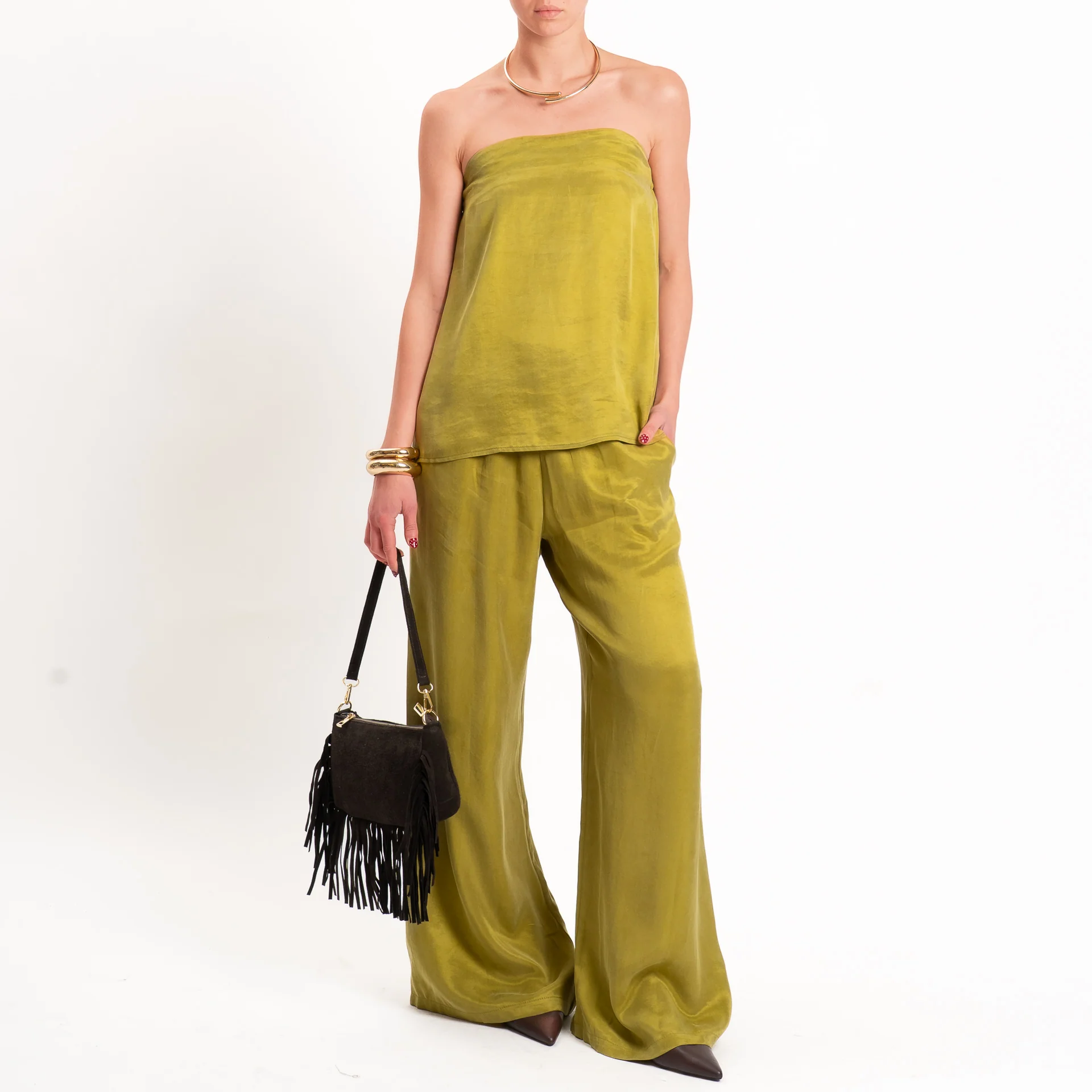 Tensione in-Completo top + pantalone tessuto cupro - oliva