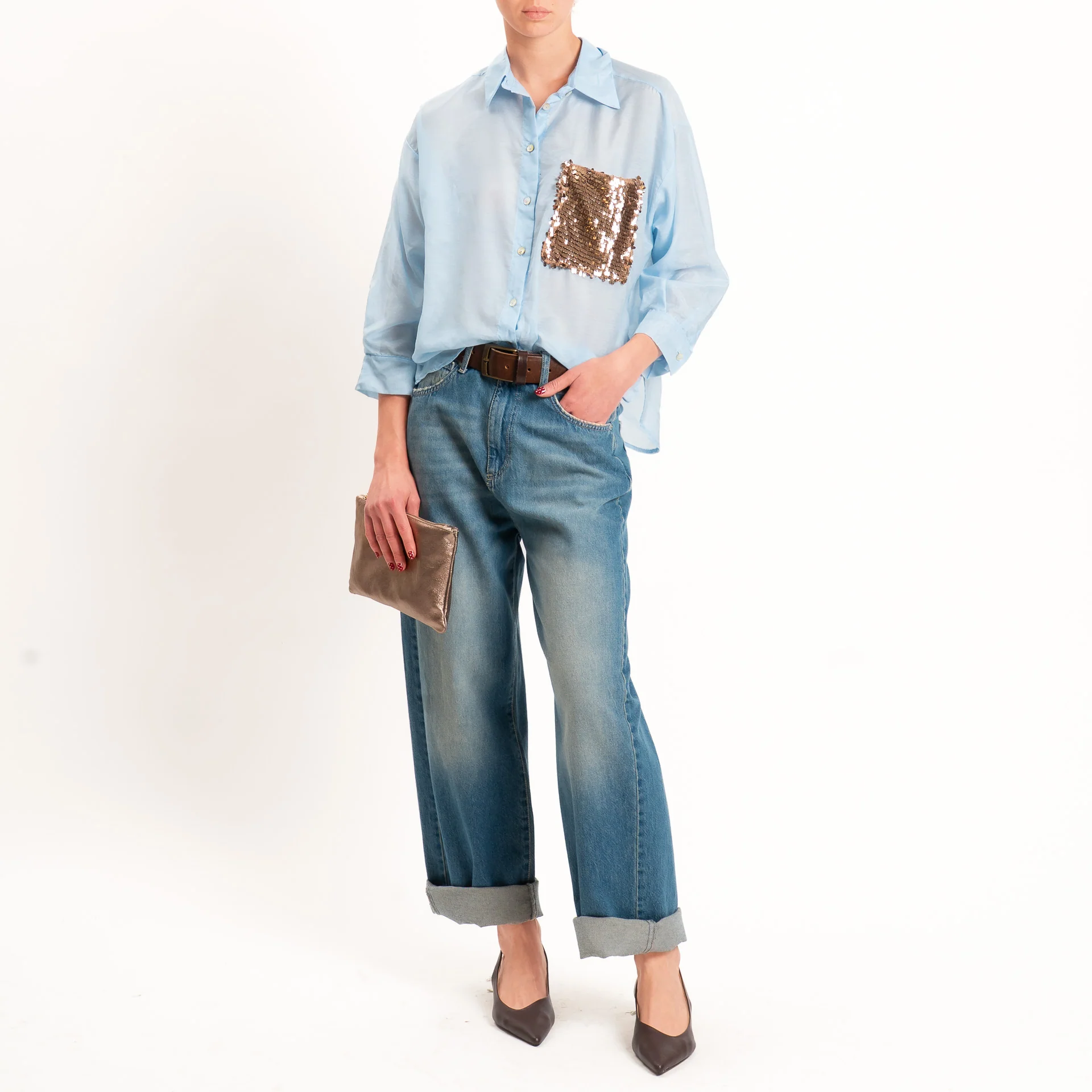 Tensione in-Camicia misto seta taschino paillettes - nuvola/bronzo
