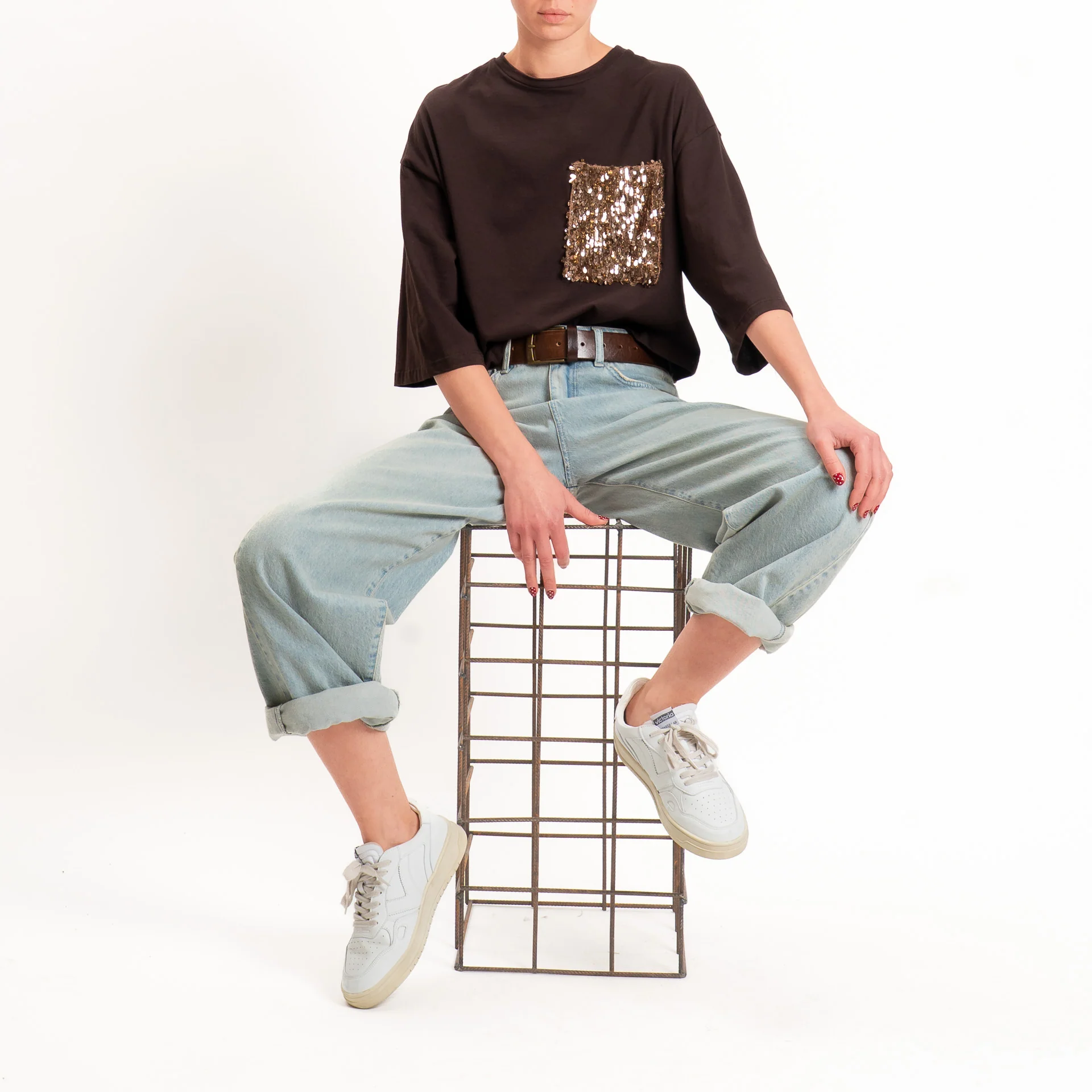 Tensione in-T-shirt taschino paillettes - moro