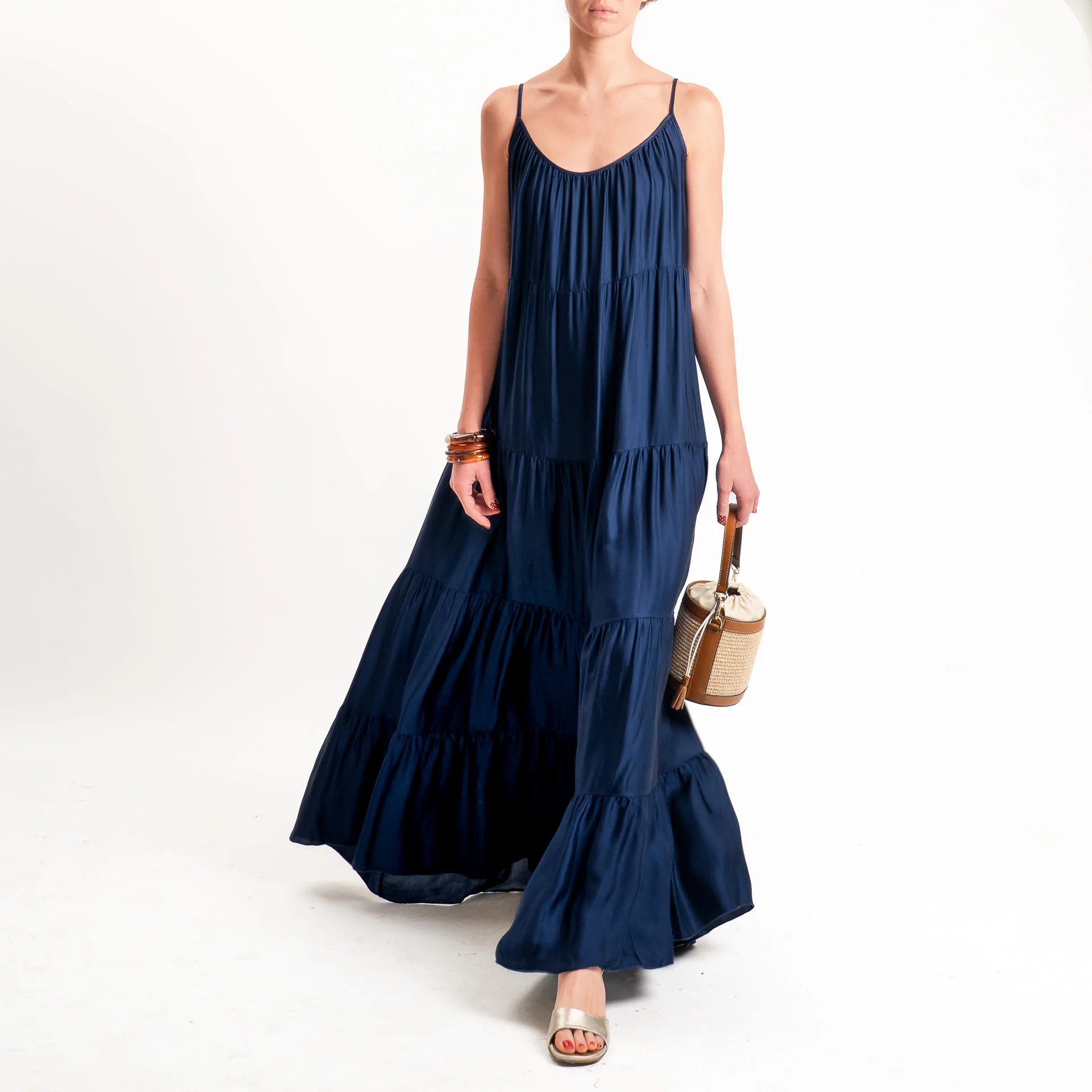 Tensione in-Abito satin con balze bretelle regolabili - blu