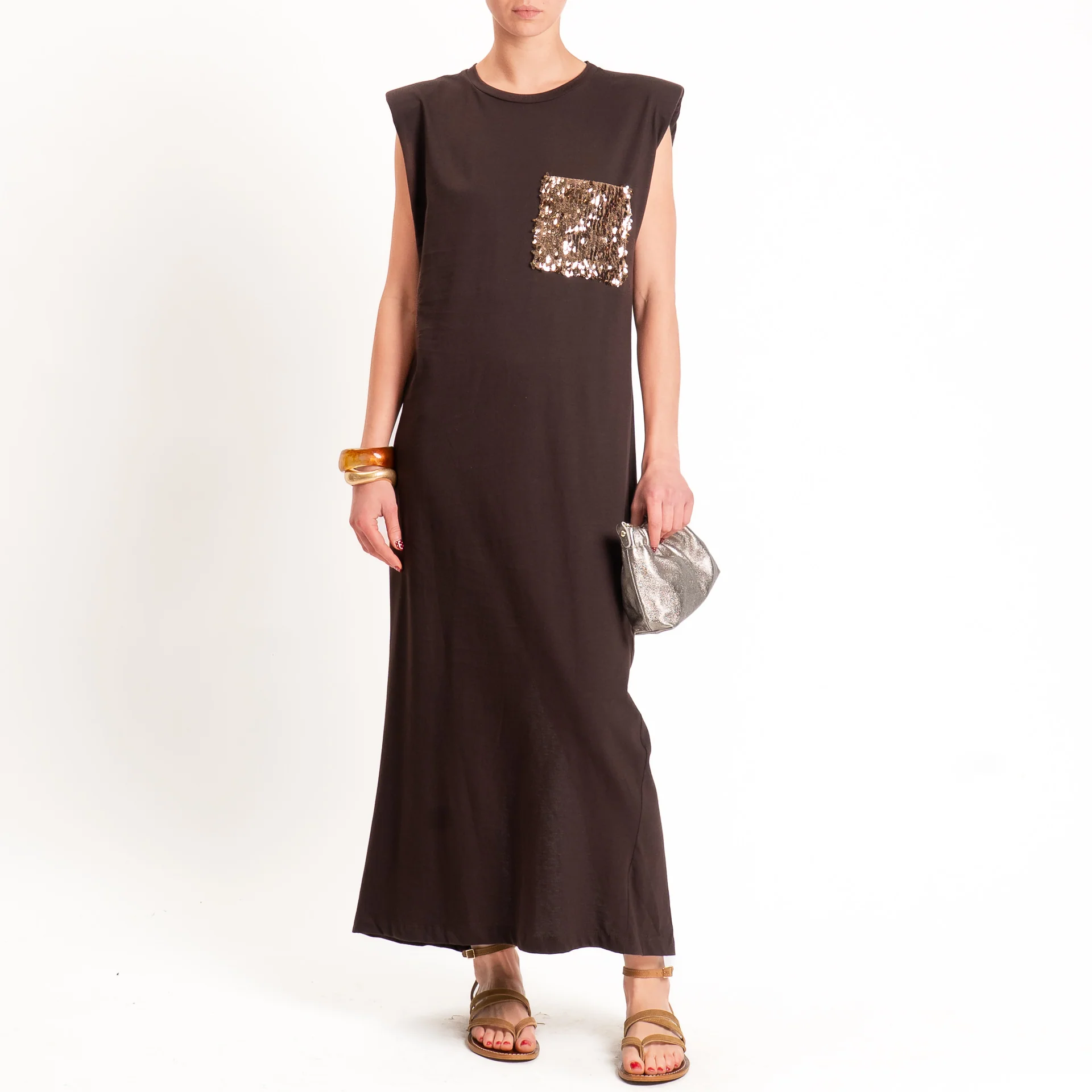 Tensione in-Abito con spalline tasca paillettes - moro