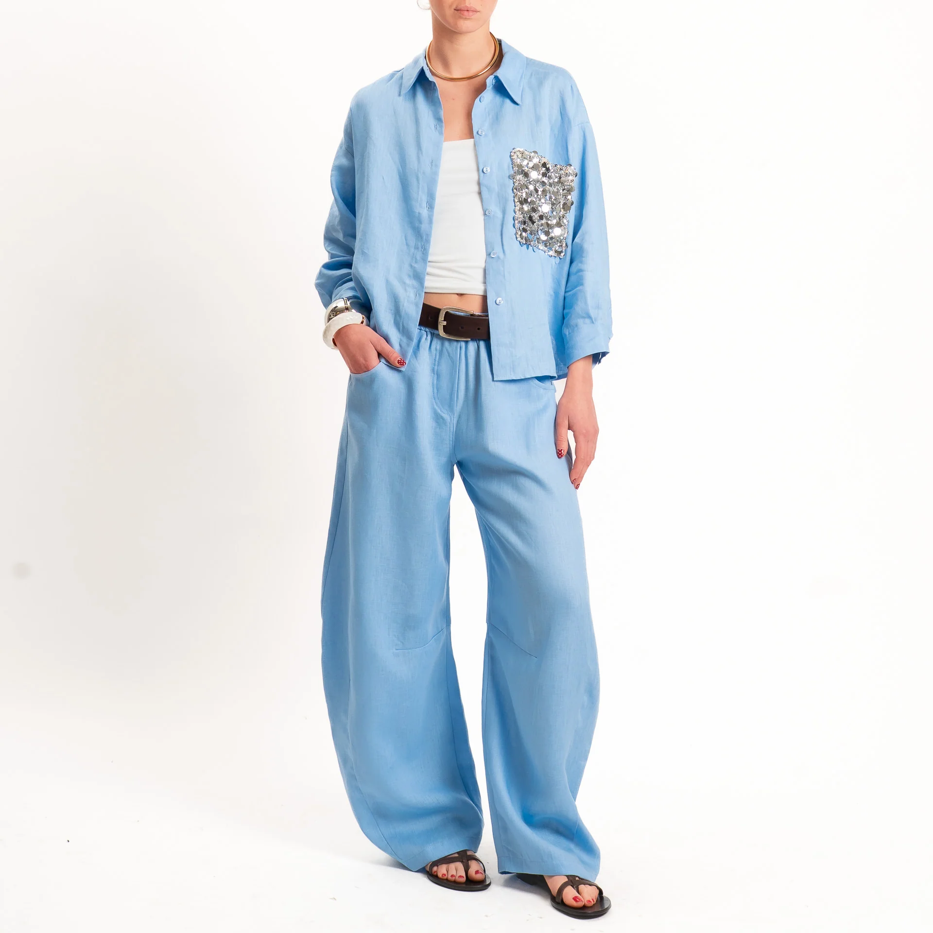 Motel-Camicia 100% lino tasca paillettes - azzurro - Image 3