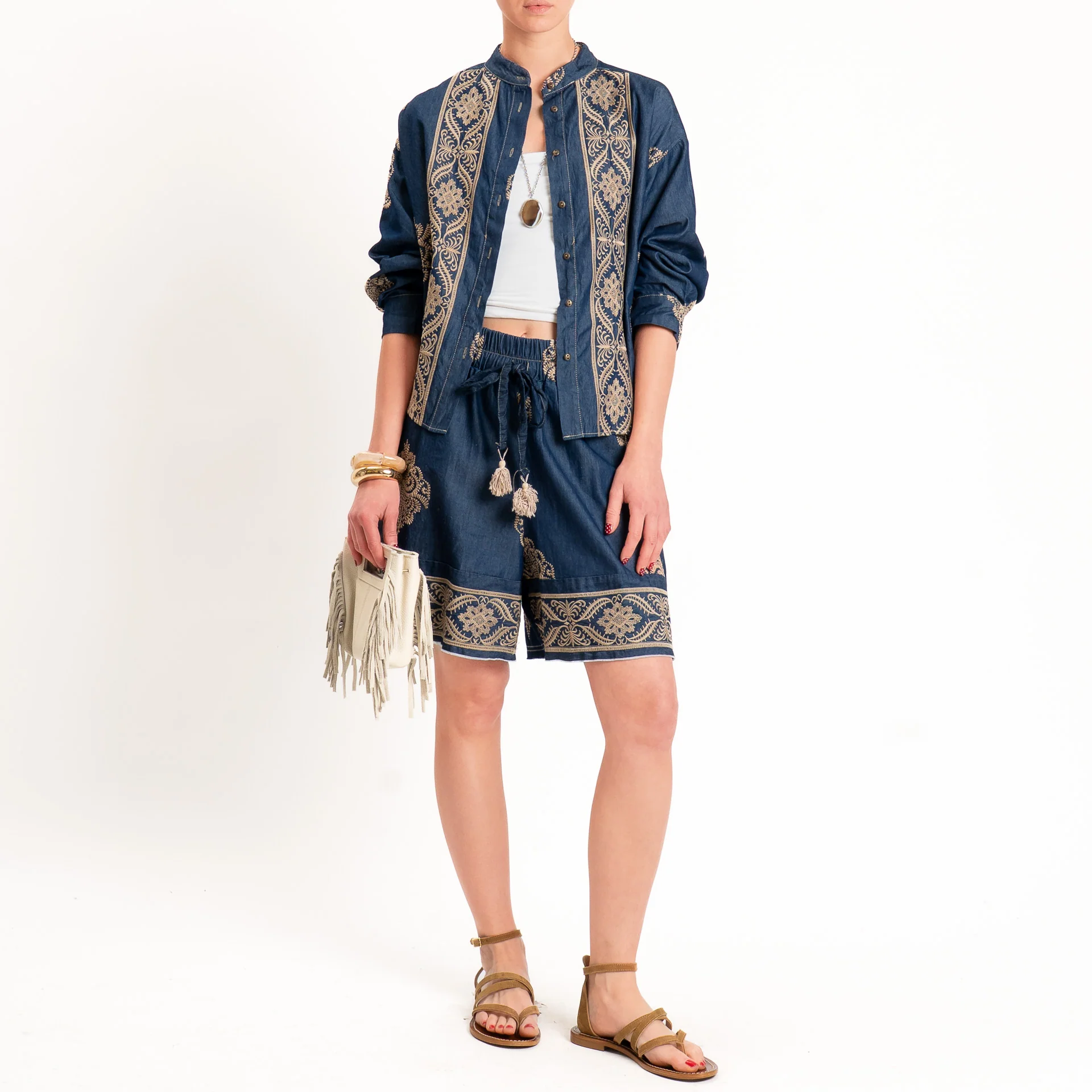 Motel-Camicia chambray con ricami - denim/biscotto - Image 3