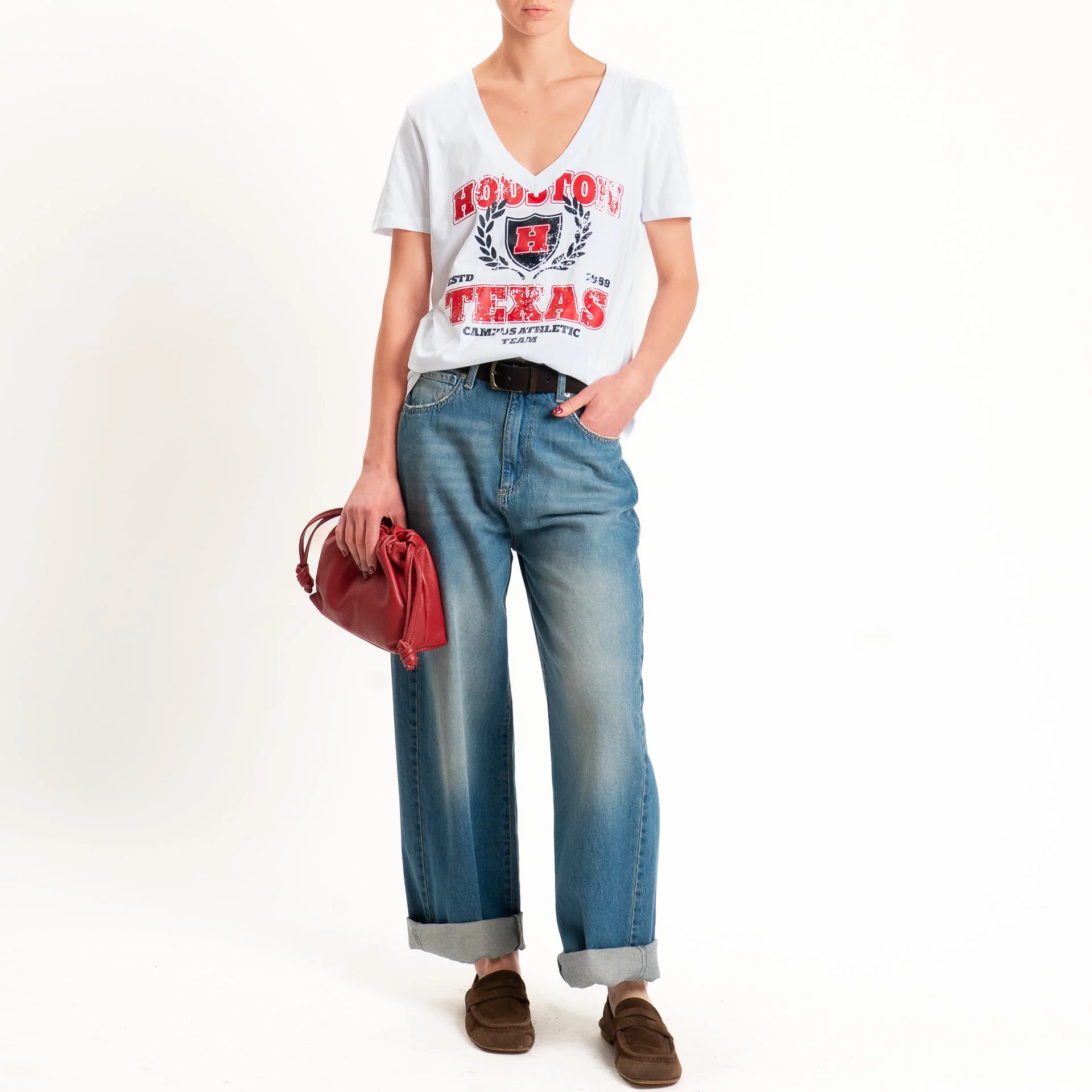Souvenir-T-shirt scollo v stampa "HOUSTON TEXAS" - bianco