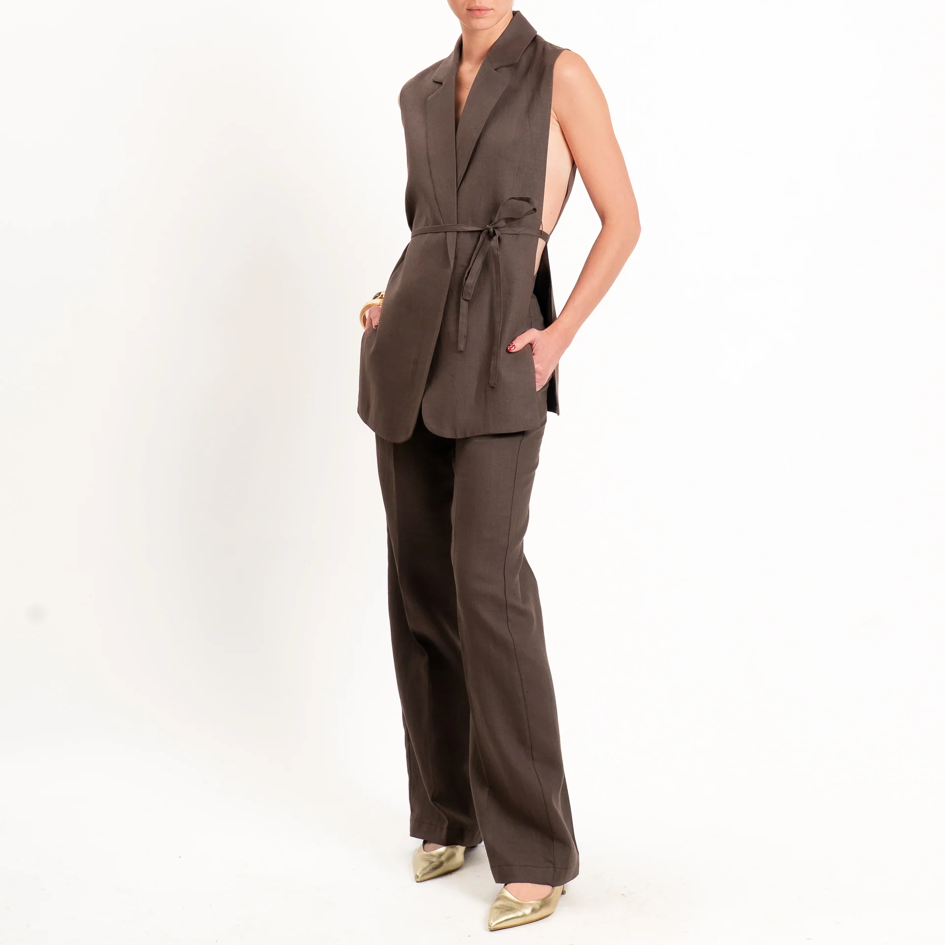 Vicolo-Pantalone 100% lino wide leg - moro